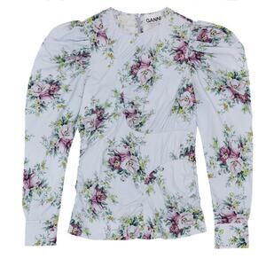 Ganni Blue Floral Poplin Shirred Blouse Size 36